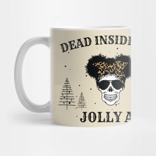 Afro Christmas Skull Party Leopard Pattern - Dead Inside But Jolly AF Christmas Skeleton - Christmas Skull Messy Bun Mug